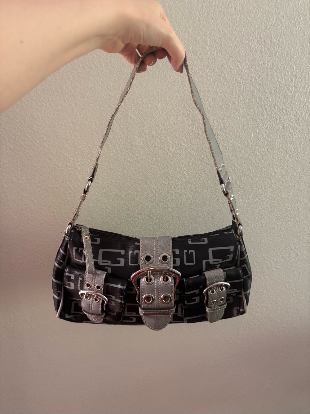Vintage Y2K Monogram Guess Gray & Black Purse Bag with Silver Buckle